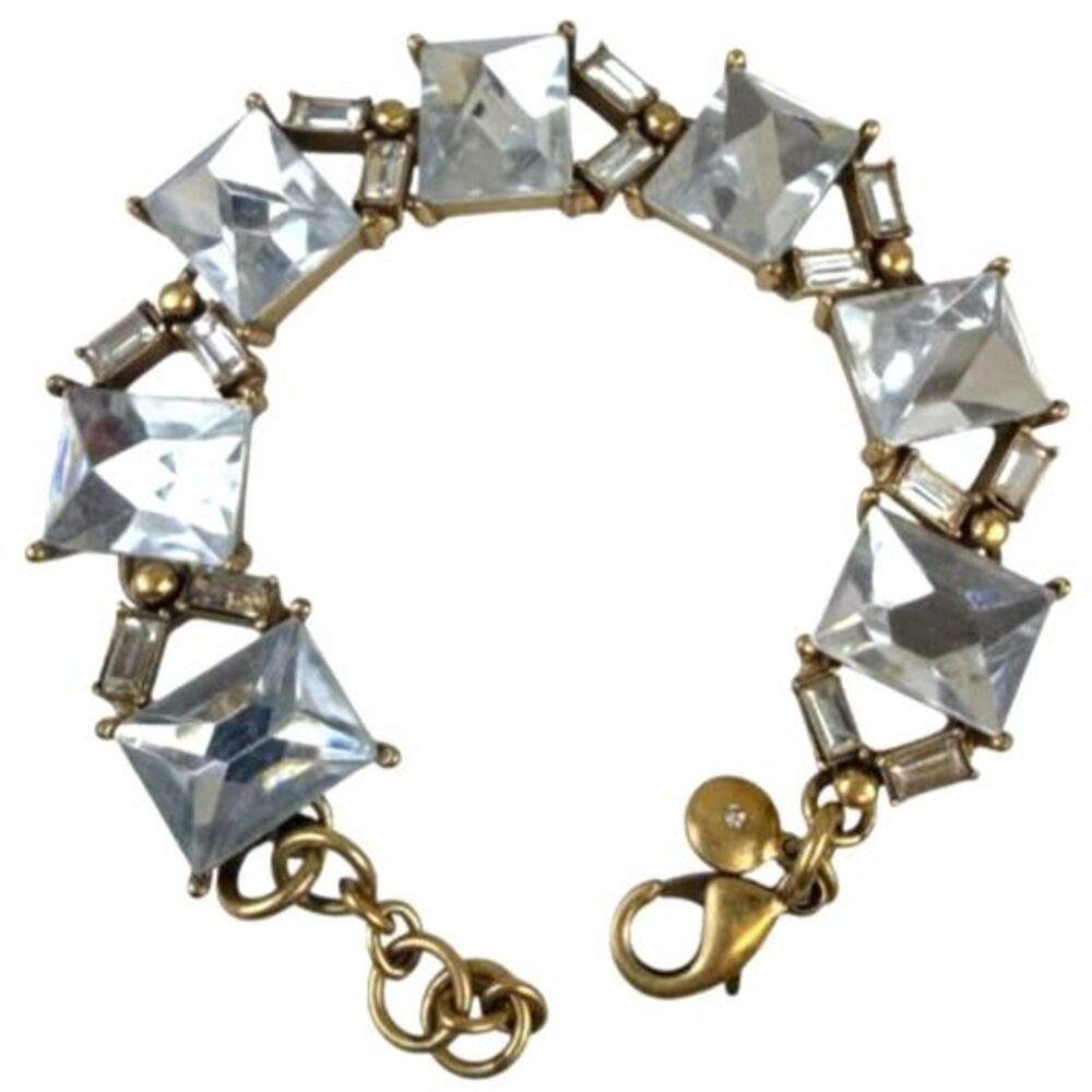 J.Crew Statement Link Bracelet Antique Gold Tone Clear Rhinestone Cushion Cut